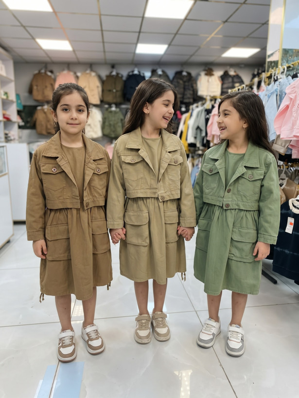ست دو تکه کت و سارافون دخترانه کتان سایز ۷ تا ۱۲ سال